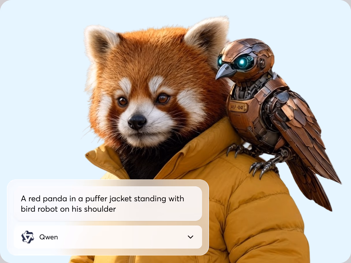 A photorealistic red panda in a mustard-yellow puffer jacket with a copper robot bird perched on its shoulder, generated with Qwen on IconScout AI
