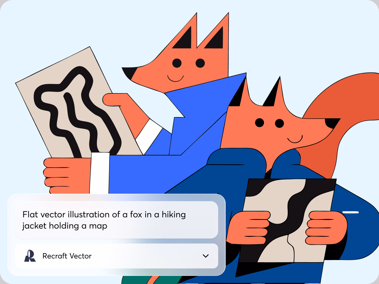 Flat vector illustration of two foxes in blue jackets holding maps, generated with Recraft Vector on IconScout AI