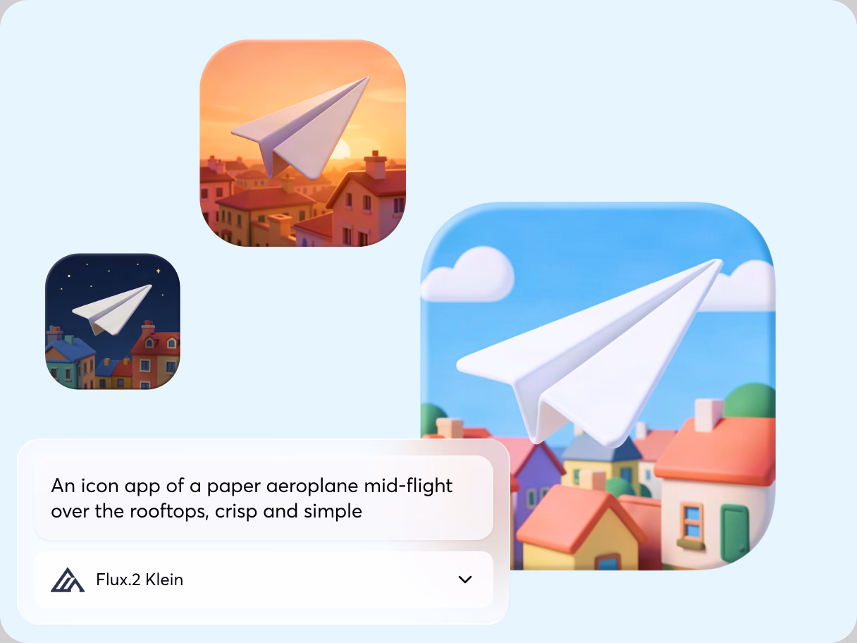 Three app-icon style tiles of a white paper airplane flying over colorful rooftops by day, at sunset, and at night, generated with FLUX.2 Klein on IconScout AI