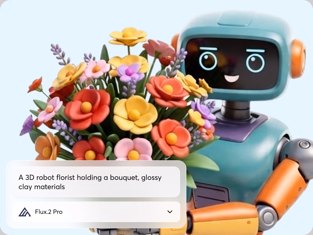 A 3D robot florist in glossy clay materials holding a bouquet of flowers, generated with FLUX.2 Pro on IconScout AI