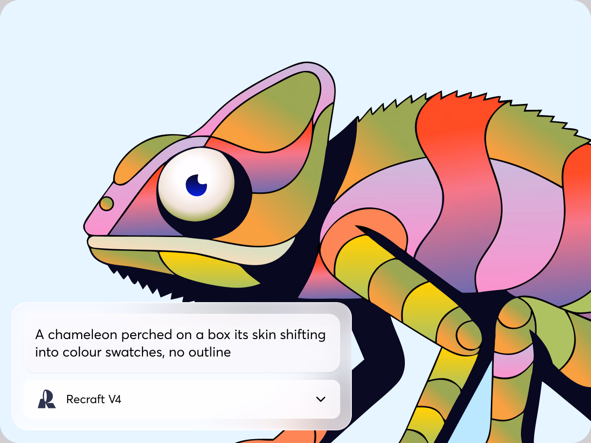 A colorful stylized chameleon with gradient, color-banded skin and a spiky crest on a light blue background, generated with Recraft V4 on IconScout AI