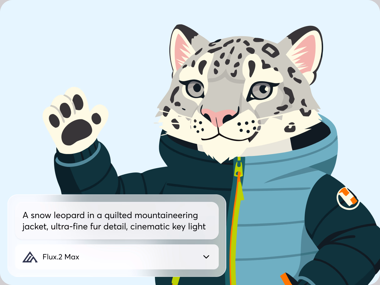 Illustration of a smiling snow leopard waving, wearing a dark teal quilted mountaineering jacket, on a pale blue background, generated with FLUX.2 Max on IconScout AI