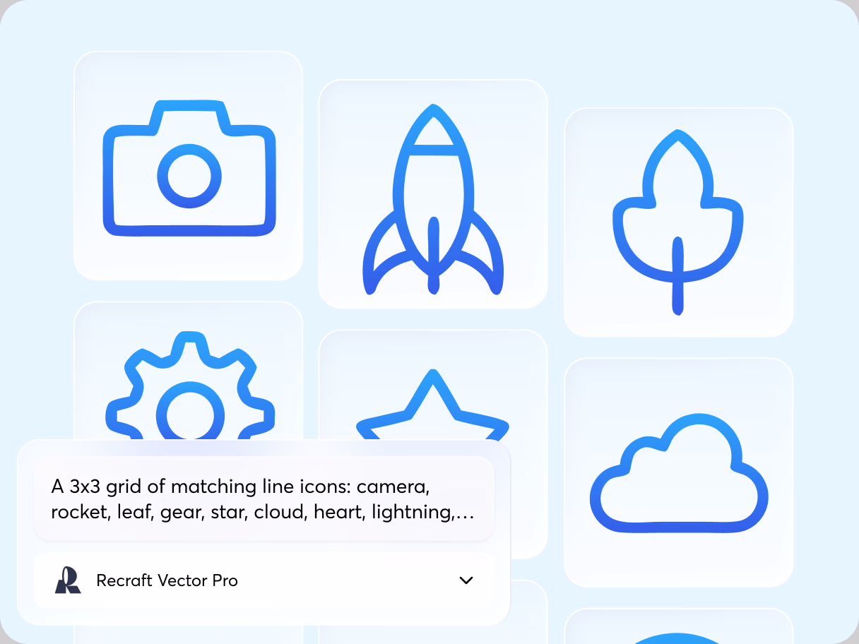 A set of matching blue line icons, including a camera, rocket, leaf, gear, star, and cloud, generated with Recraft Vector Pro on IconScout AI