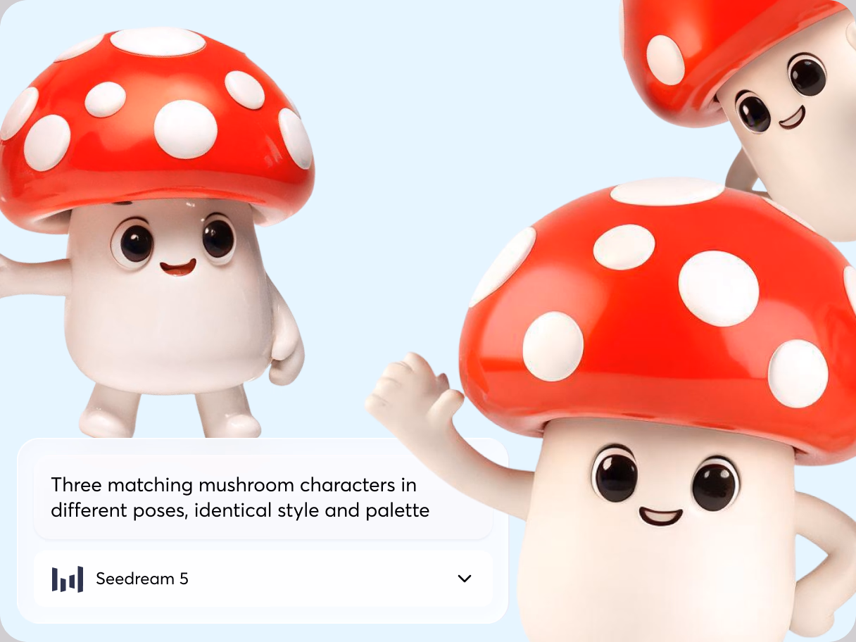 Three matching 3D mushroom characters with red, white-spotted caps and cream bodies in different poses on a pale blue background, generated with Seedream 5 on IconScout AI