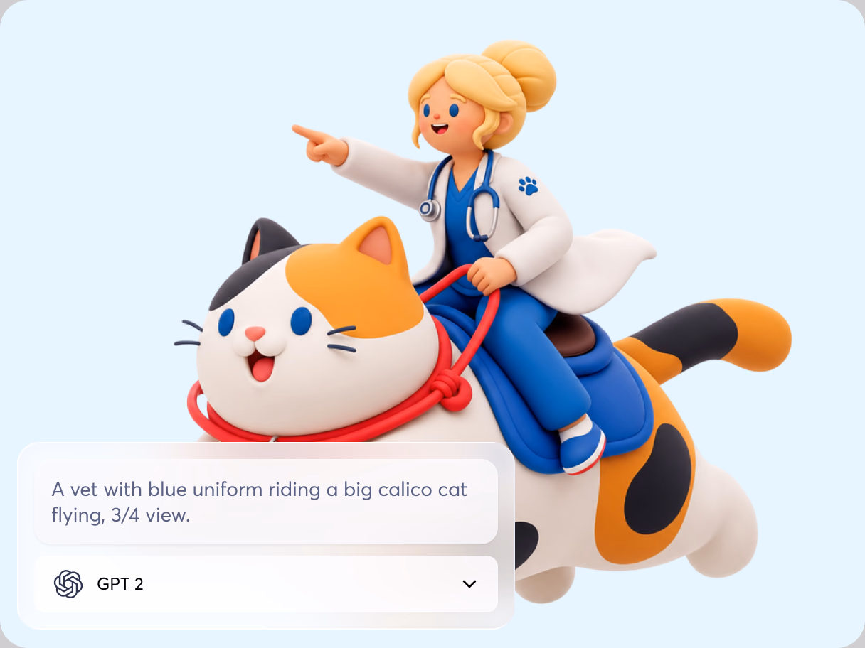 3D illustration of a smiling vet in blue scrubs and a white coat riding a giant flying calico cat in a 3/4 view, generated with GPT 2 on IconScout AI