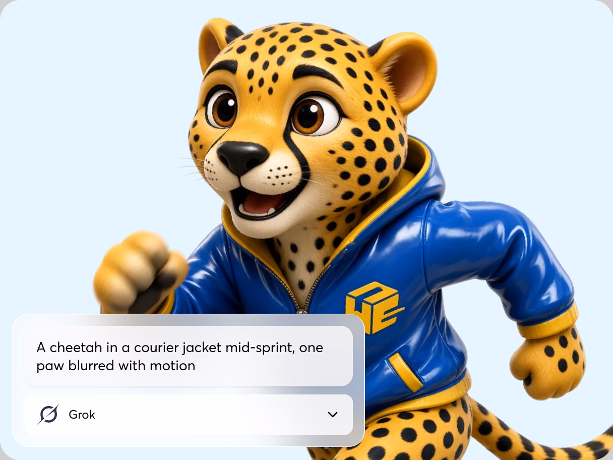 3D cartoon cheetah in a glossy blue hooded courier jacket with a yellow parcel logo, sprinting with one paw blurred in motion, generated with Grok on IconScout AI
